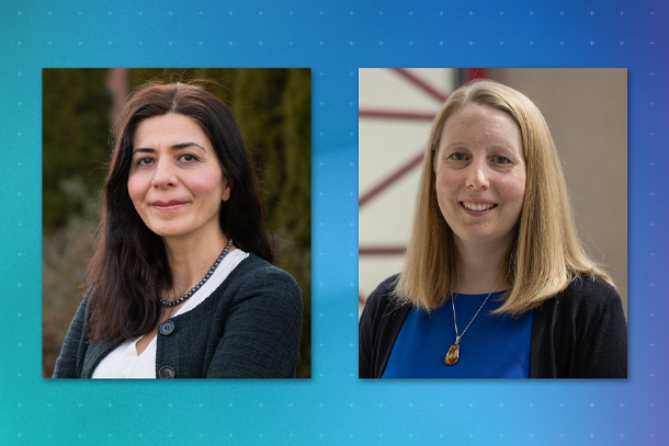 Two headshots of individuals on a blue background.